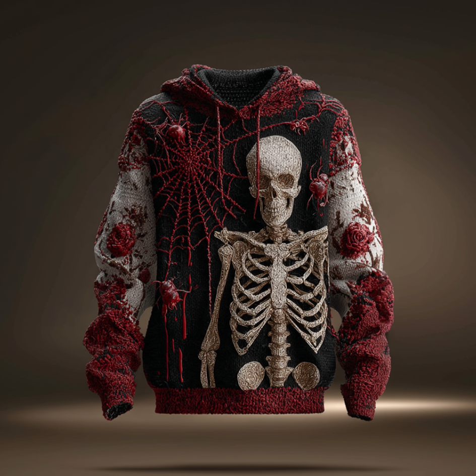 Halloween Spider And Skeleton Skeleton Design Men's Hooded Knit Sweater