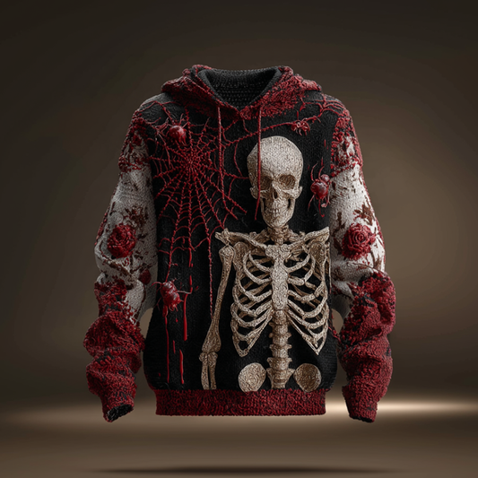 Halloween Spider And Skeleton Skeleton Design Men's Hooded Knit Sweater
