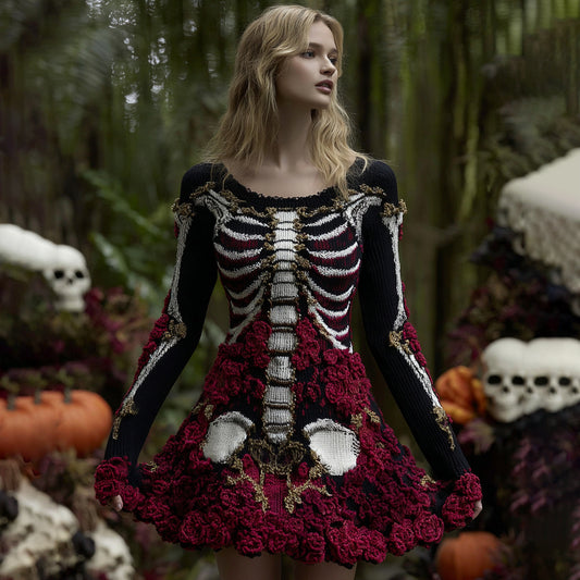 Women's Floral Skull Pattern Knit Mini Sweater Dress