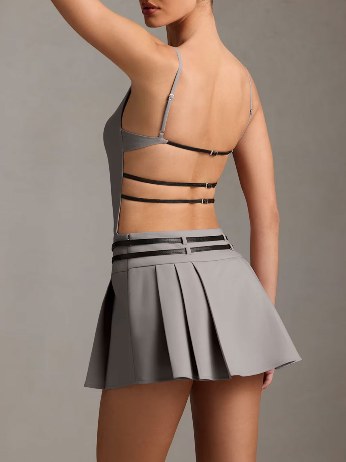 Belted Backless Pleated Mini Dress