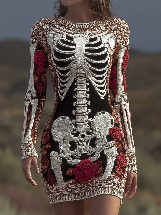 Vintage Skeleton Roses Art Slim Fit Cozy Sweater Dress