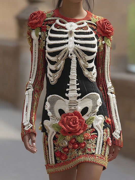 Women's Vintage Halloween Skeleton Bones With Rose Art Cozy Knit Mini Sweater Dress