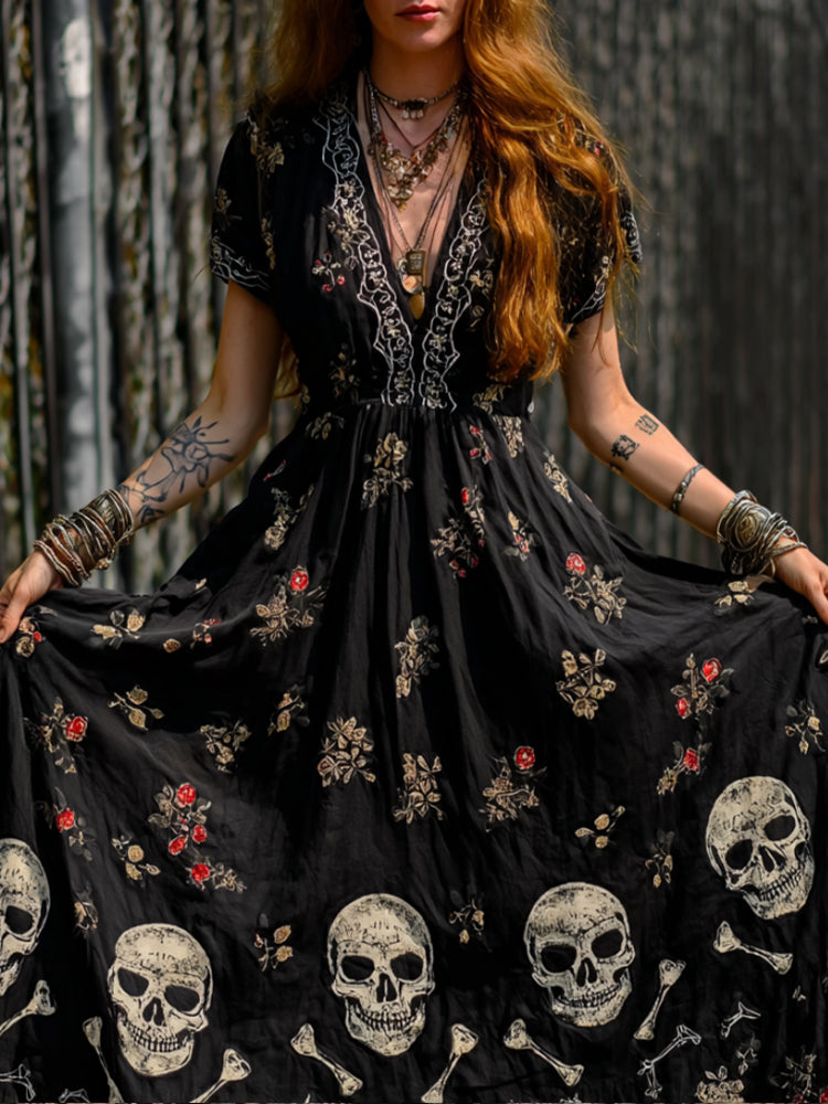 Ladies' Vintage V-neck Long Dress With Skull And Flower Print