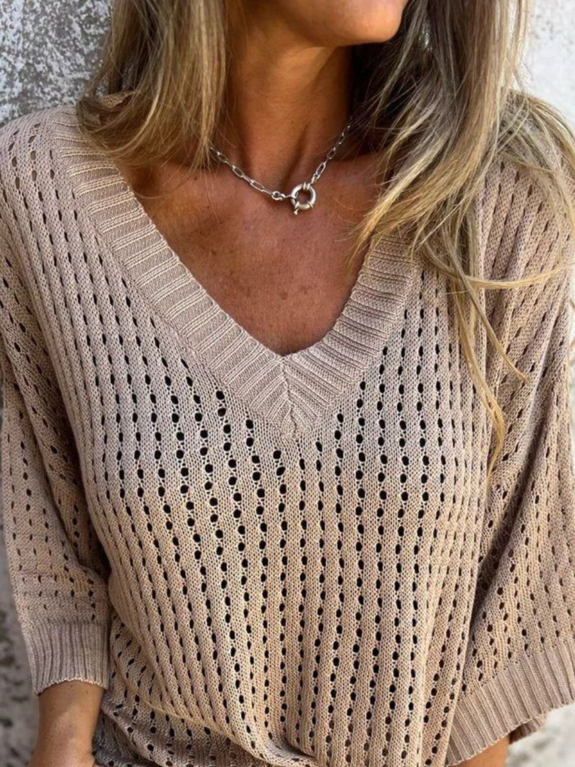 Full Size Openwork V-Neck Knit Cover Up Plus Size