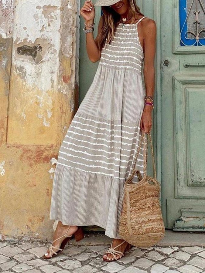 Airrys™ Women's Retro Stripe Duspender Large Swing Stitching Dress