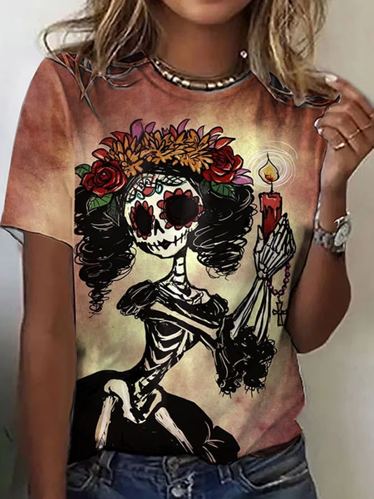 Retro Day Of The Dead Mexican La Catrina Art Pattern Print Cotton Graphic T-Shirt