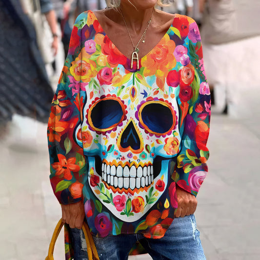 Mexican Day Of The Dead Skull Floral Art Inspired V-Neck T-Shirt