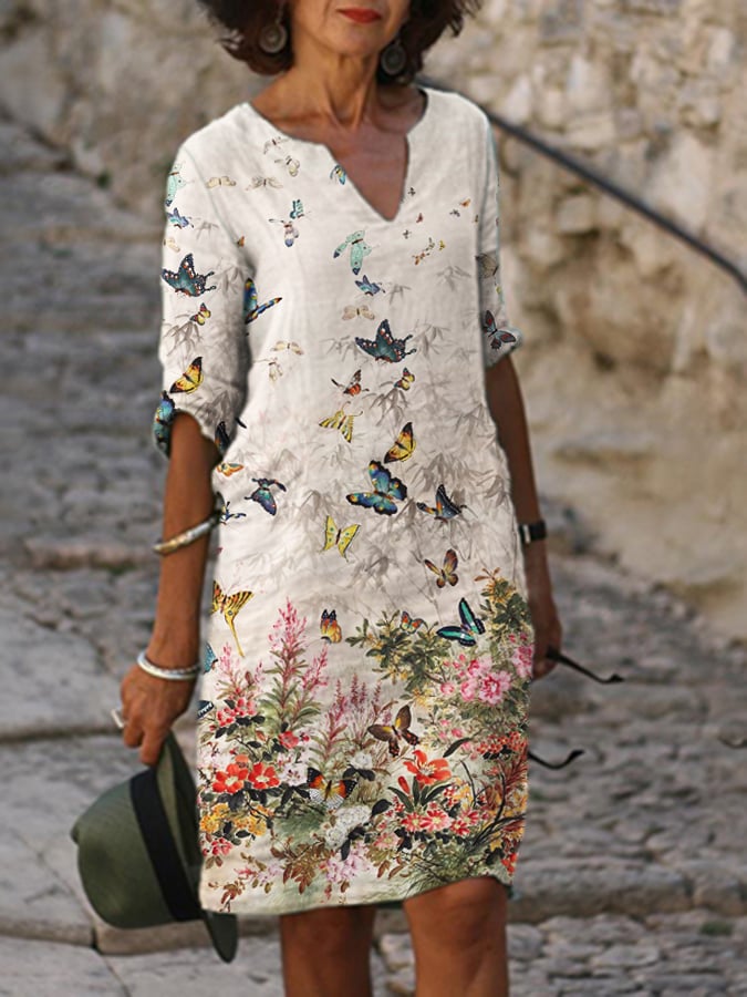 Women's Cotton Linen Painting Printed V-neck Straight Dress