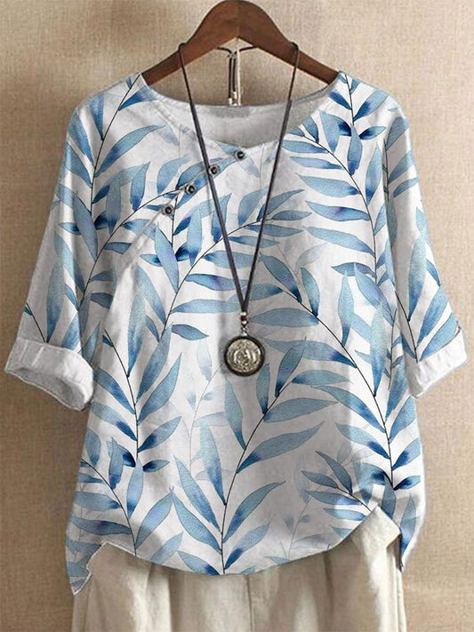 Airrys™ Cotton and Linen Botanical Print Crew Neck Shirt