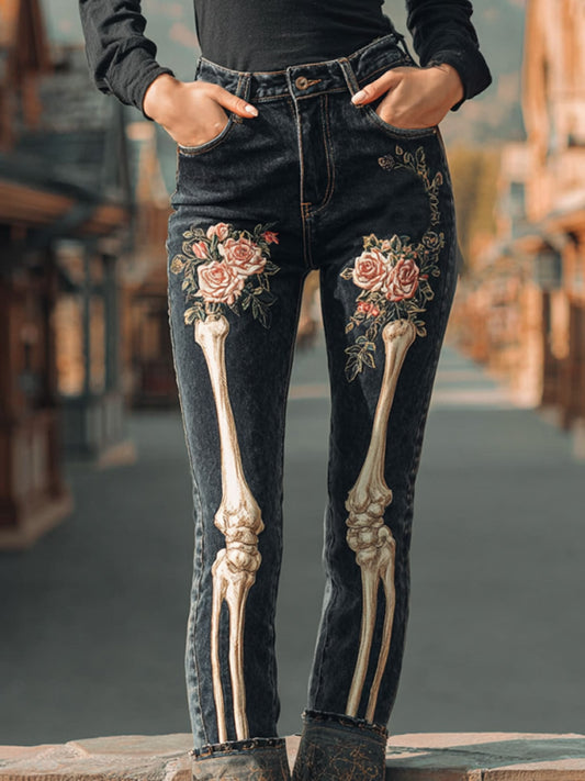 Halloween Vintage Skull Rose Embroidered Jeans