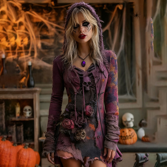 Women's Halloween Rose Skull Witch Cosplay Hooded T-shirt