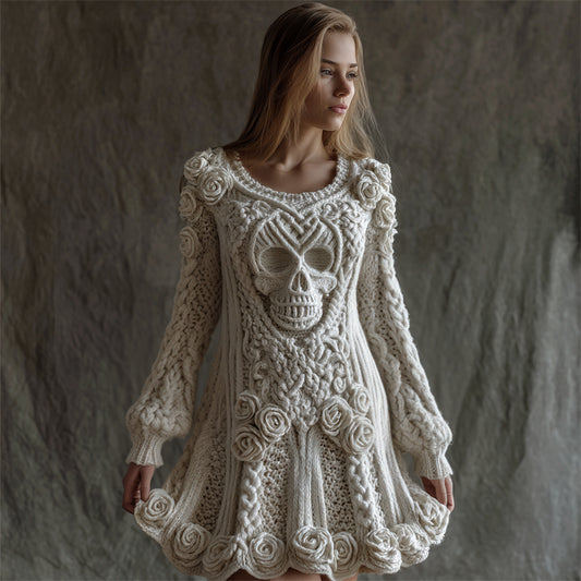 Vintage White Roses Celtic Skull Cozy Knit Sweater Dress