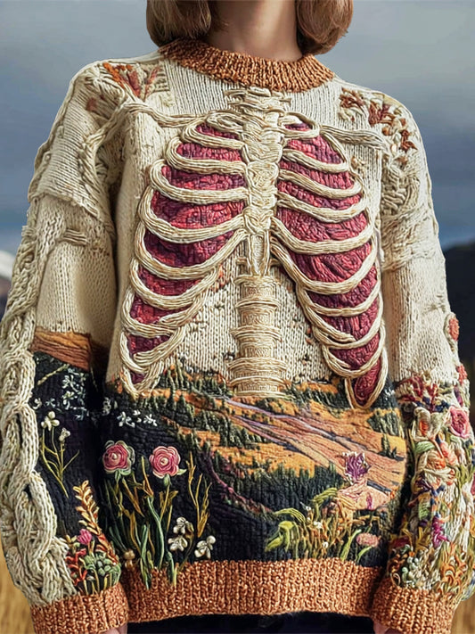 Vintage Anatomy & Floral Embroidery Women's Knit Crew Neck Sweater