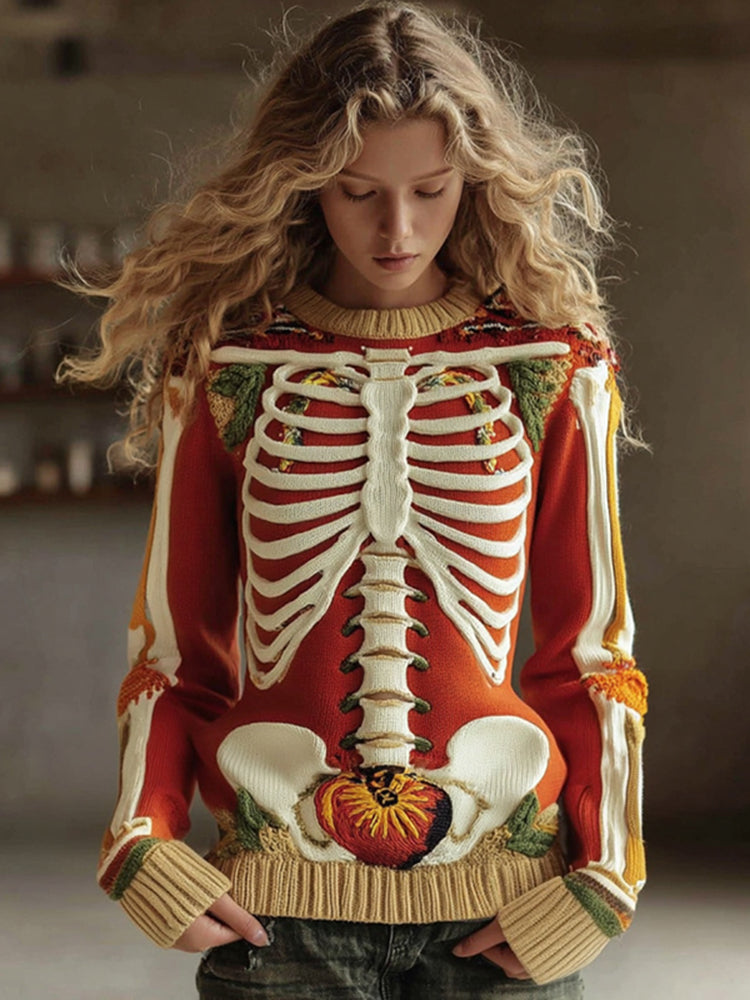 Vintage Halloween Anatomy With Halloween Pumpkin Art Chunky Knitted Sweater