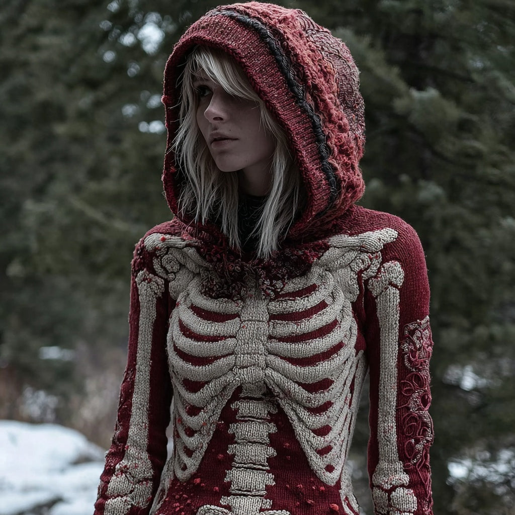 Vintage Halloween Skeleton Cozy Knit Hooded Sweater