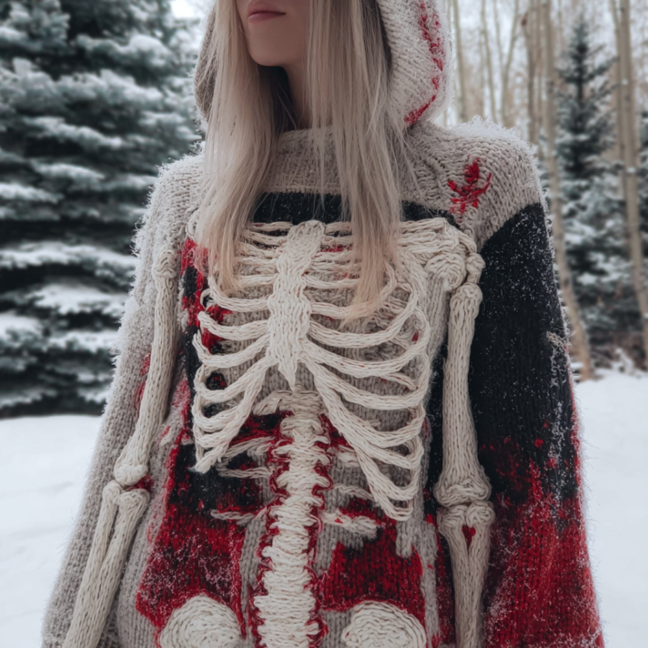 Lady's Halloween Gothic Style Skull Skeleton Pattern Knitted Sweater