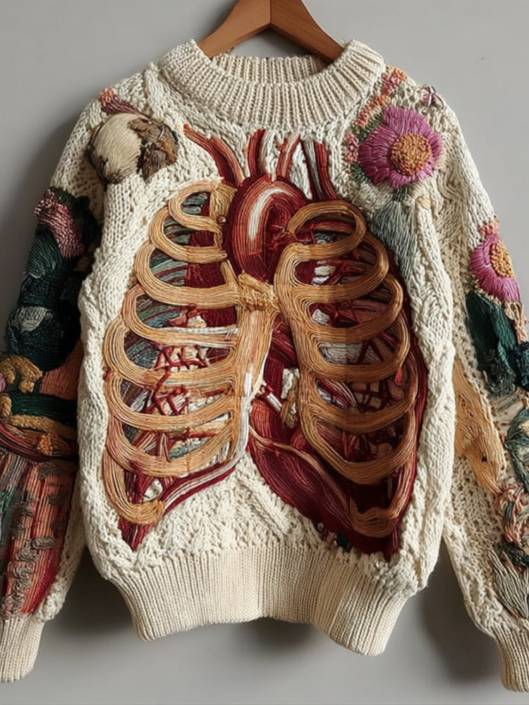 Vintage Halloween Human Anatomy Art And Floral Beige Round Neck Sweater