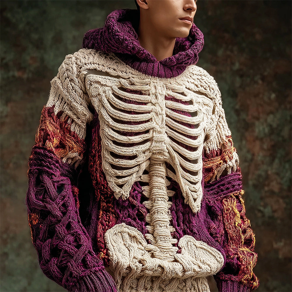 Halloween Skeleton Art Men's Knit Hooded Sweater