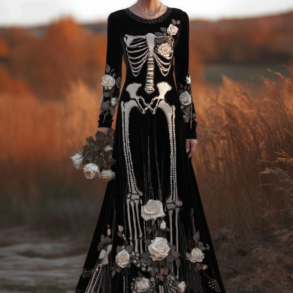 Vintage Pearls Skeleton Roses Cozy Velvet Maxi Dress