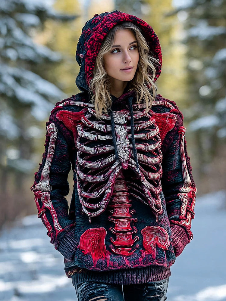 Vintage Halloween Bloody Skeleton Bones Art Chunky Knitted Hooded Sweater