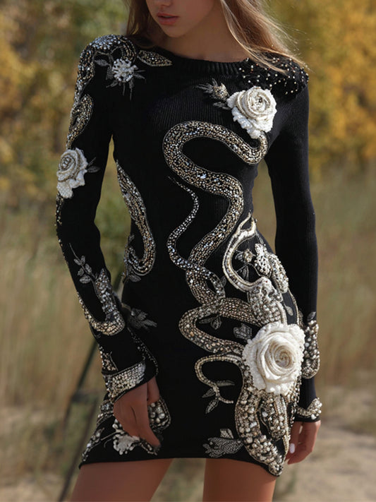 Classy White Roses Tangled Snakes Jewel Art Cozy Sweater Dress