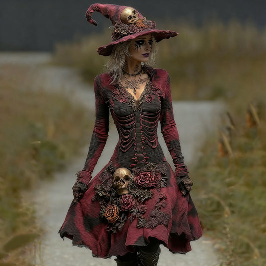 Women's Skull And Floral Embroidery Ombre Witch Midi Dress