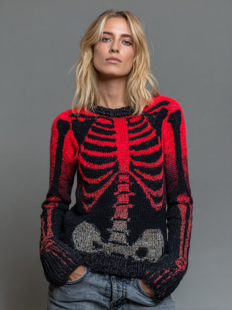 Vintage Halloween Skeleton Bones In Gradient Art Chunky Knitted Sweater