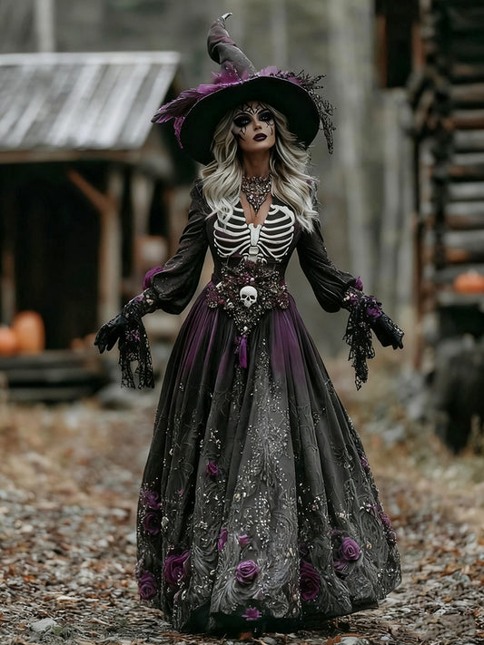 Women's Halloween Skull Floral Embroidered Witch Maxi Dress