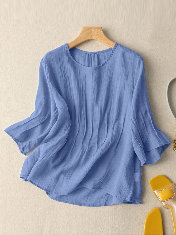 Solid Crew Neck Casual Women 3/4 Sleeve Blouse