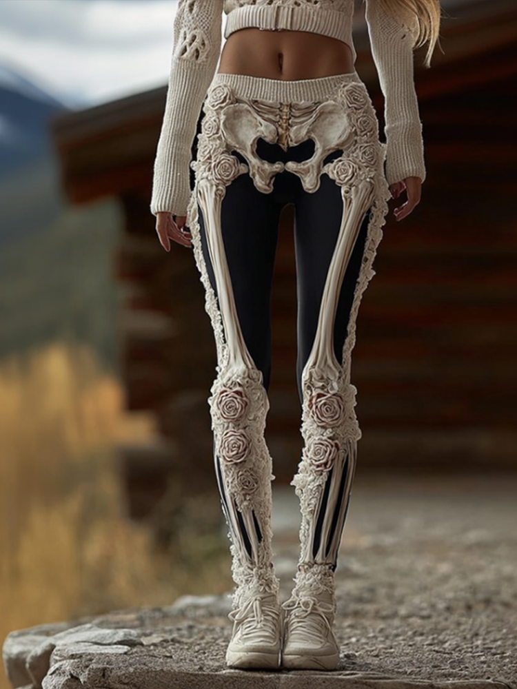 Women's Anatomical Style Dark Halloween-themed Knitted Tight-fitting Leggings.