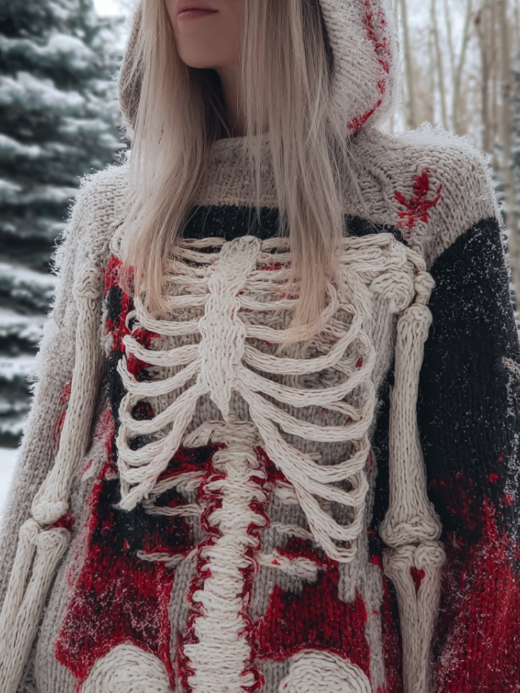 Lady's Halloween Gothic Style Skull Skeleton Pattern Knitted Sweater
