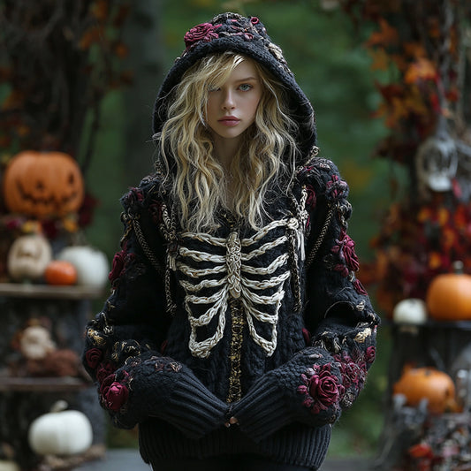 Women's Halloween Rose And Skull Embroidery Cozy Knit Hooded Sweater
