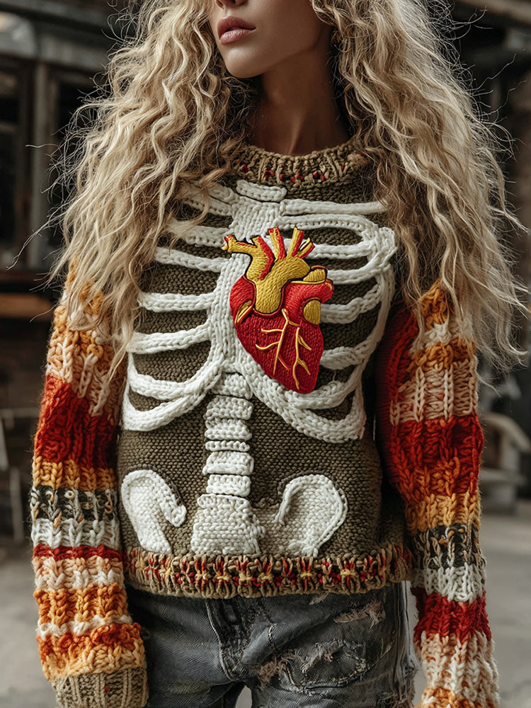 Vintage Halloween Skeleton Bones With Cardiovascular Art Chunky Knitted Sweater