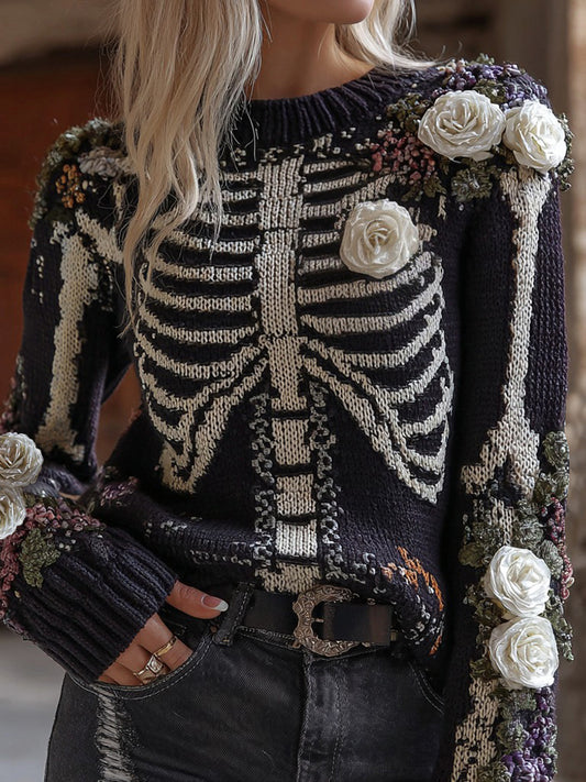 Women's Vintage Floral & Skeleton Art Crew Neck Cozy Sweater