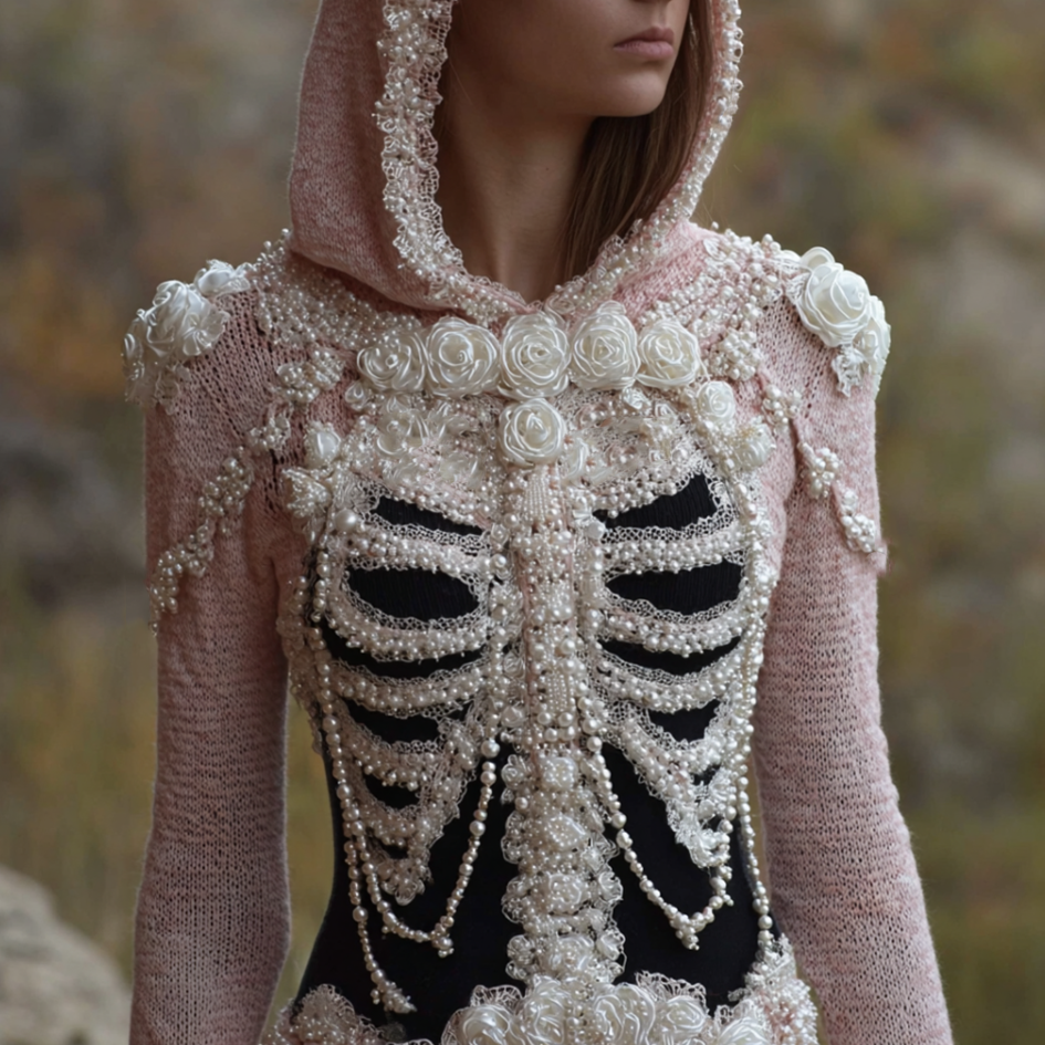 Women's Retro Halloween Plant Flower And Skull Art Design Knitted Hooded Sweater