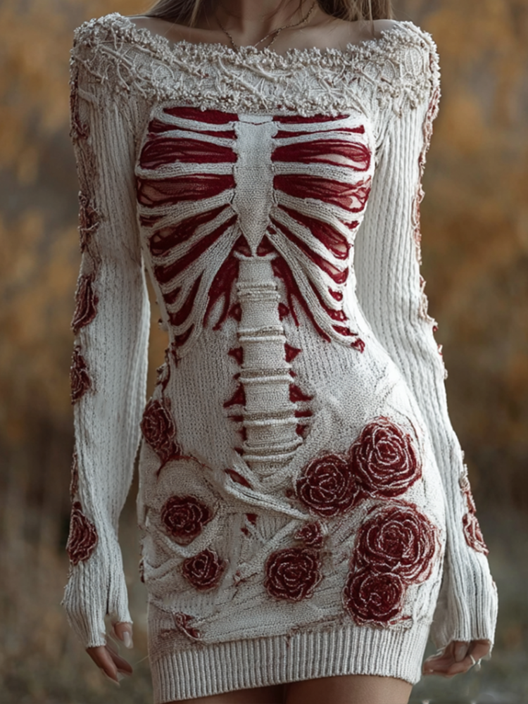 Ladies' Halloween Line Art Dark Style Knit Sweater Dress