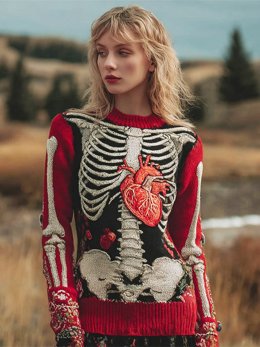 Vintage Skeleton & Heart Art Women's Knit Crew Neck Sweater