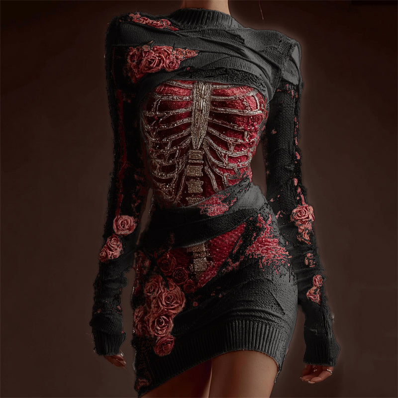 Classy Skeleton Anatomy Bloody Roses Bandages Knit Sweater Dress