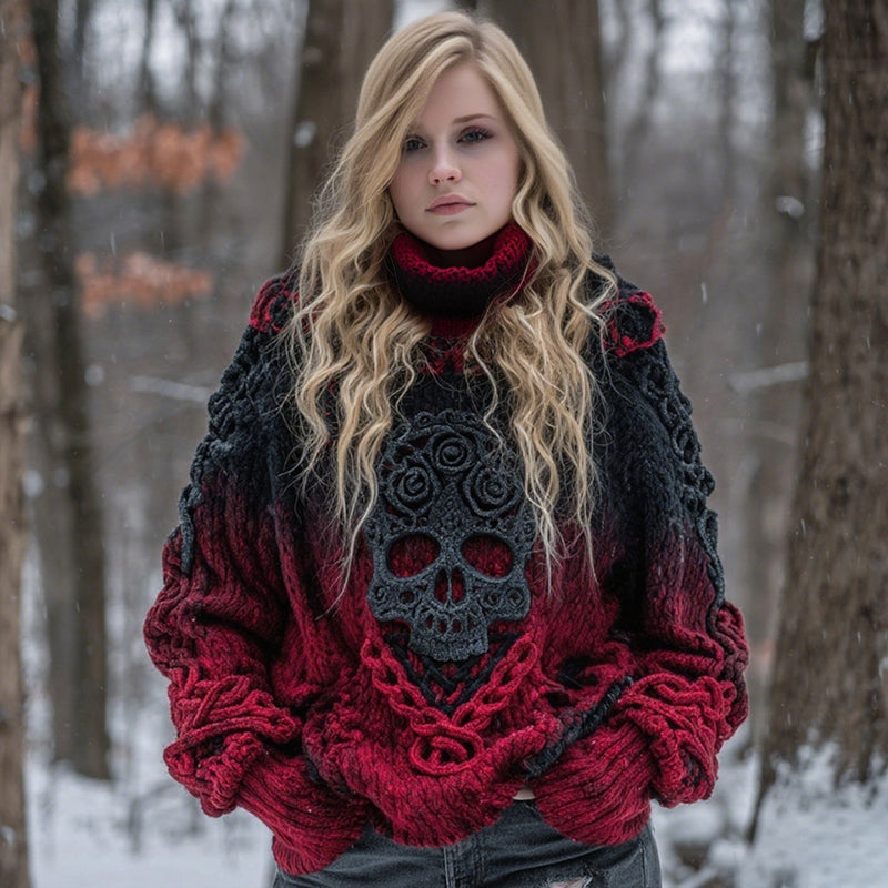 Women's Halloween Rose Celtic Skull Gradient Art Knit Turtleneck Sweater