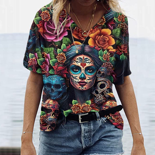 Mexican Sugar Skeleton La Catrina Day Of The Dead Inspired Art Inspired Painting V-Neck T-Shirt