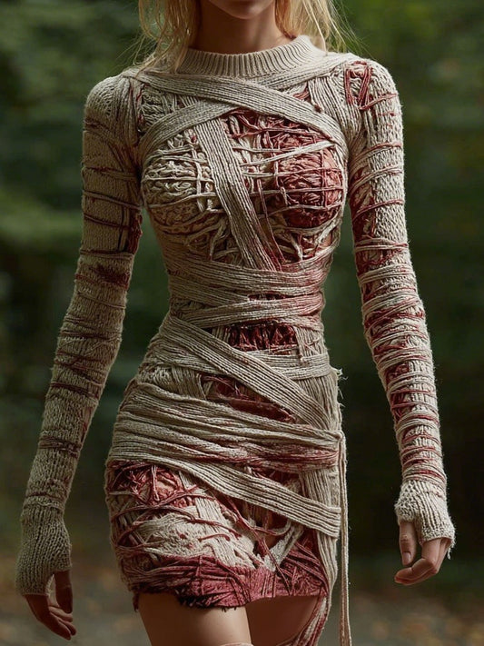 Women's Vintage Halloween Mummy Bandage Art Knit Dress
