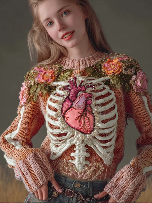 Women's Halloween Anatomy Art Knitted Round Neck Sweater