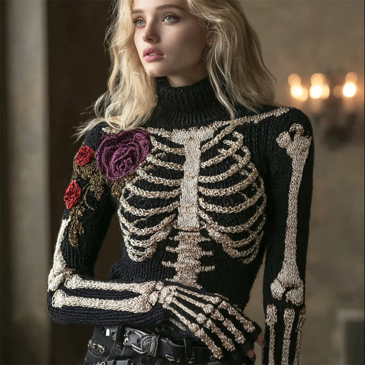 Elegant Skeleton & Floral Women's Turtleneck Knit Sweater