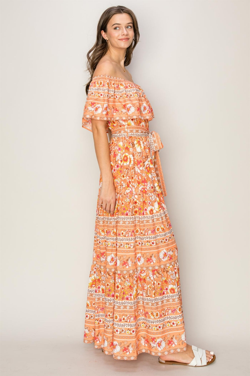 Floral Off-Shoulder Tie Front Boho Maxi Beach Dress