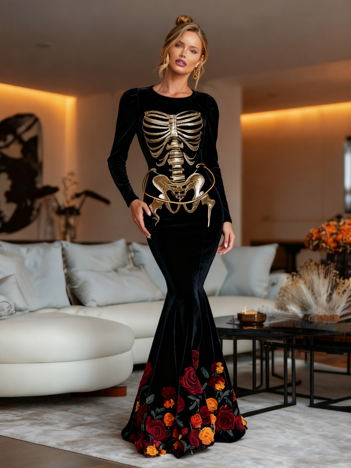 Women's Vintage Mariachi Day Of The Dead Skeleton Bones Art Velvet Maxi Dress