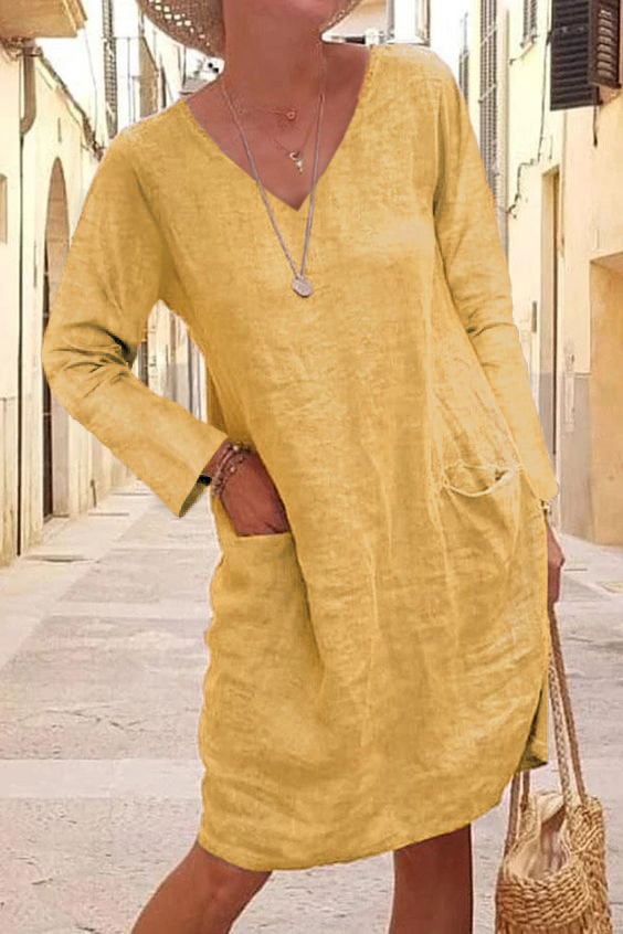 Women's  Solid Color V-Neck Loose Cotton Linen Long Sleeve Dress
