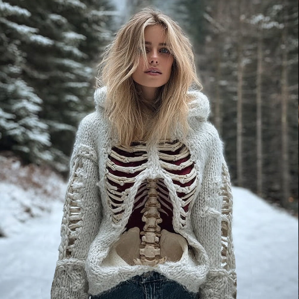 Women Halloween Realistic Human Anatomy Coarse Needle White Hooded Sweater
