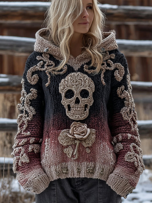 Women's Halloween Skeleton Rose Hooded Sweater