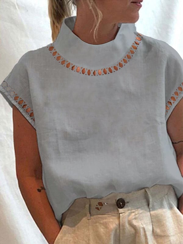 Women's Cotton Linen Lace Turtleneck Shirt