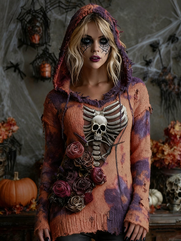 Women's Vintage Patchwork Chunky Knit Skull Hooded Sweater
